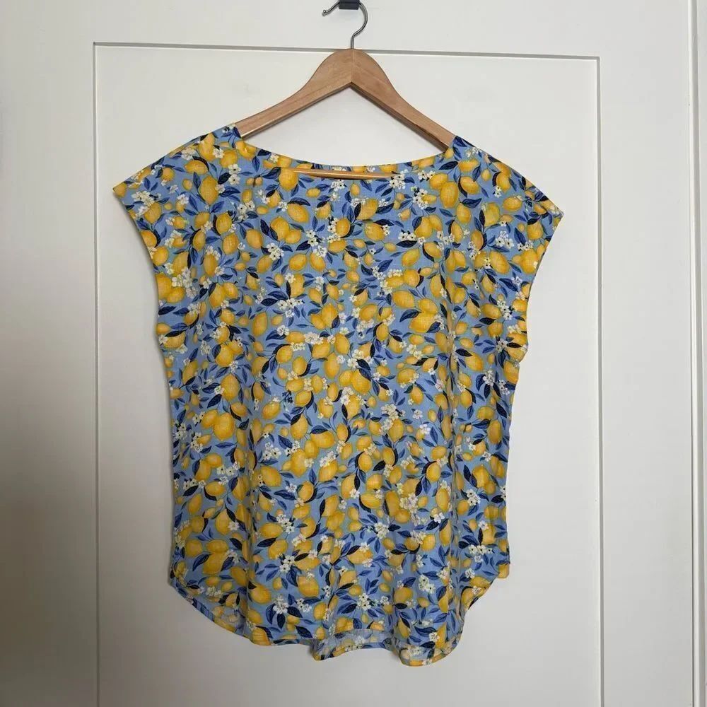 Ann Taylor Top Womens Sz M Tall Blue Yellow Lemon Print Sleeveless Linen Blend